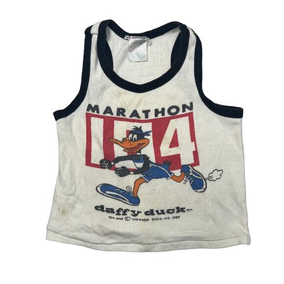 Vintage 80s Looney Tunes Daffy Duck Running Marathon Tank Top White Toddler 6 - Picture 1 of 5